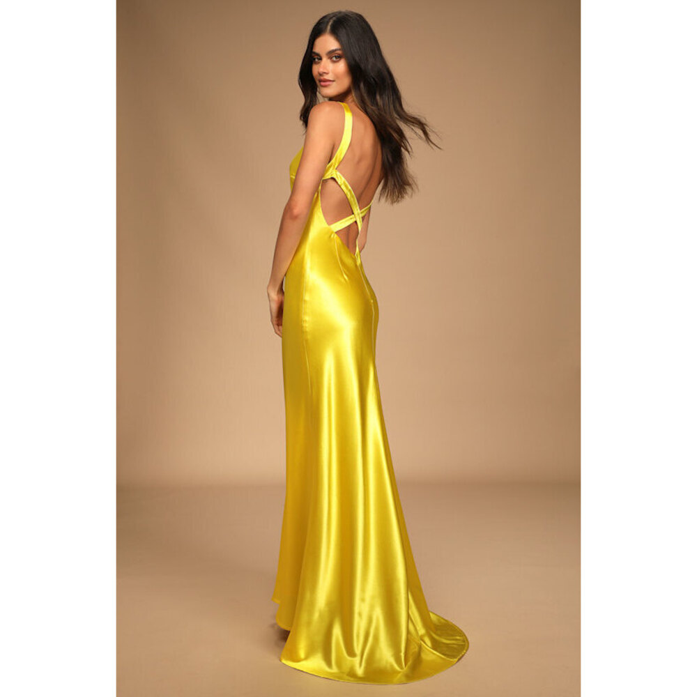 Lulus Perfectly Classy Yellow Satin Strappy Maxi Dress - Size M (NWT)